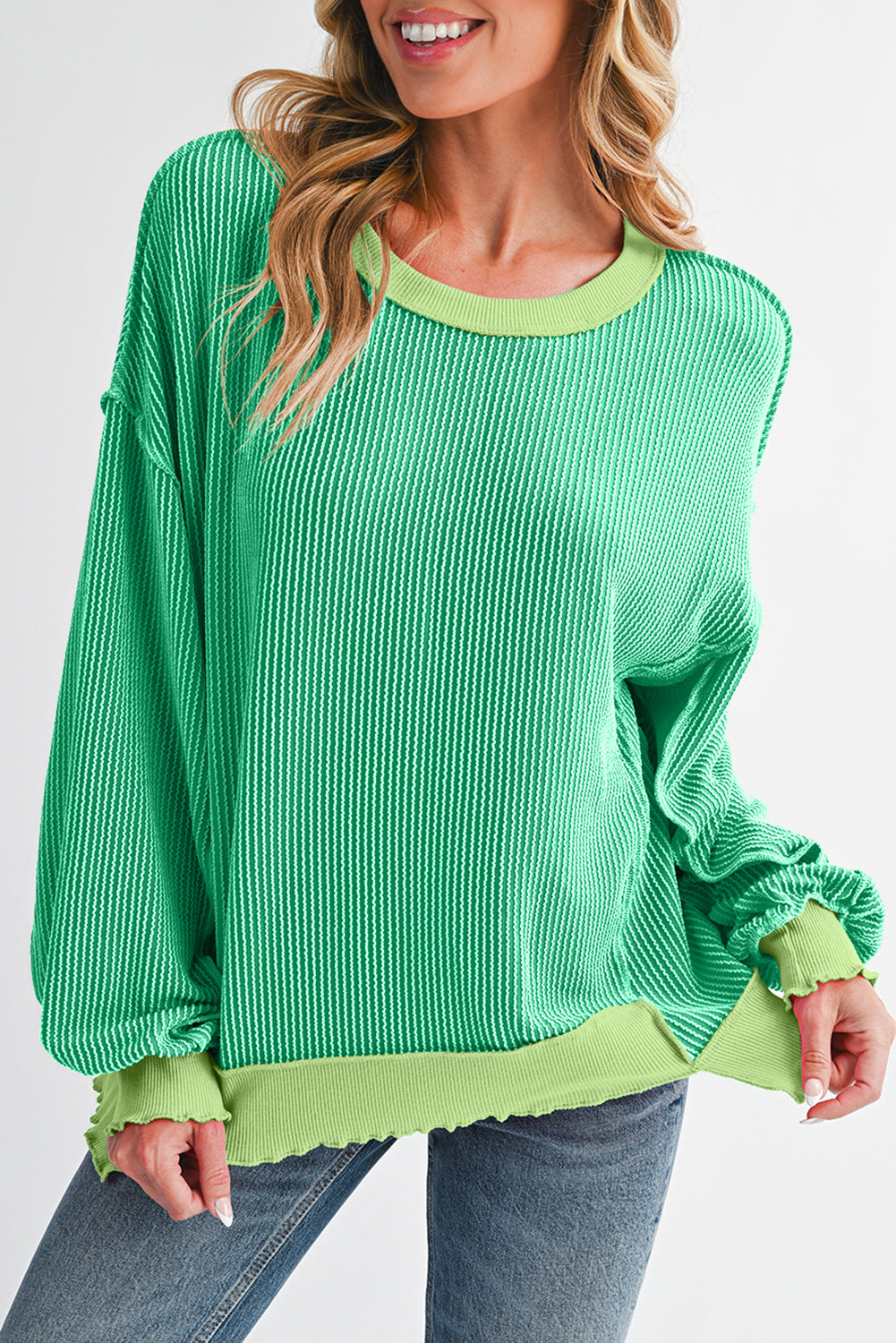 Bright Green Twisted Ribbed Seamed Patchwork Long Sleeve Top Bright Green 75%Polyester+20%Viscose+5%Elastane 9c8d9c5115d896c3