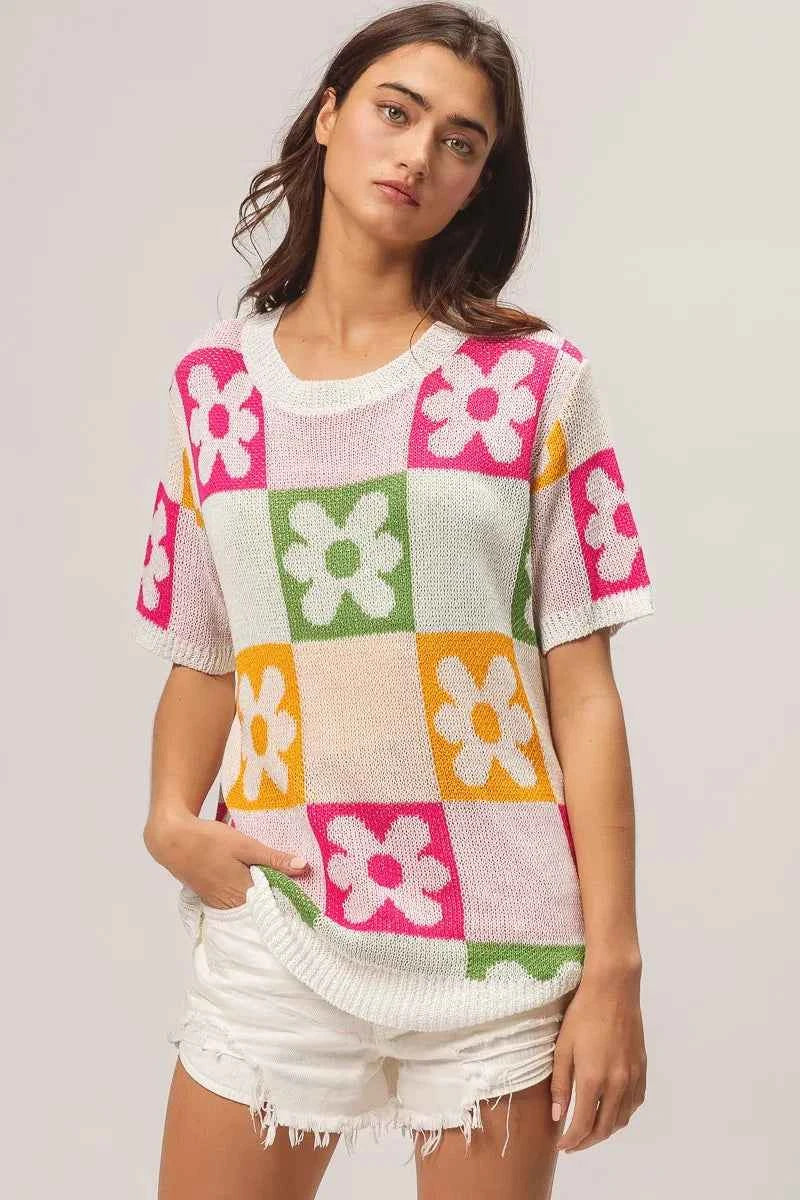 BiBi Flower Checker Pattern Lightweight Sweater Top 9c8e3f454f544948a568057200693edc-Max-Origin