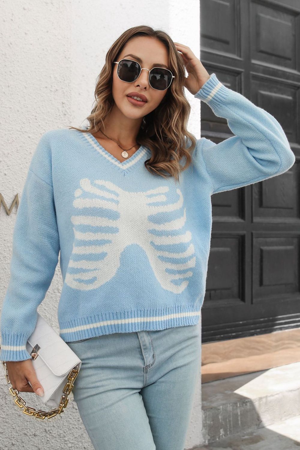 Skeleton Pattern V-Neck Long Sleeve Pullover Sweater Light Blue 9c9e2c03446f48a7a64dea4be70188e9-Max