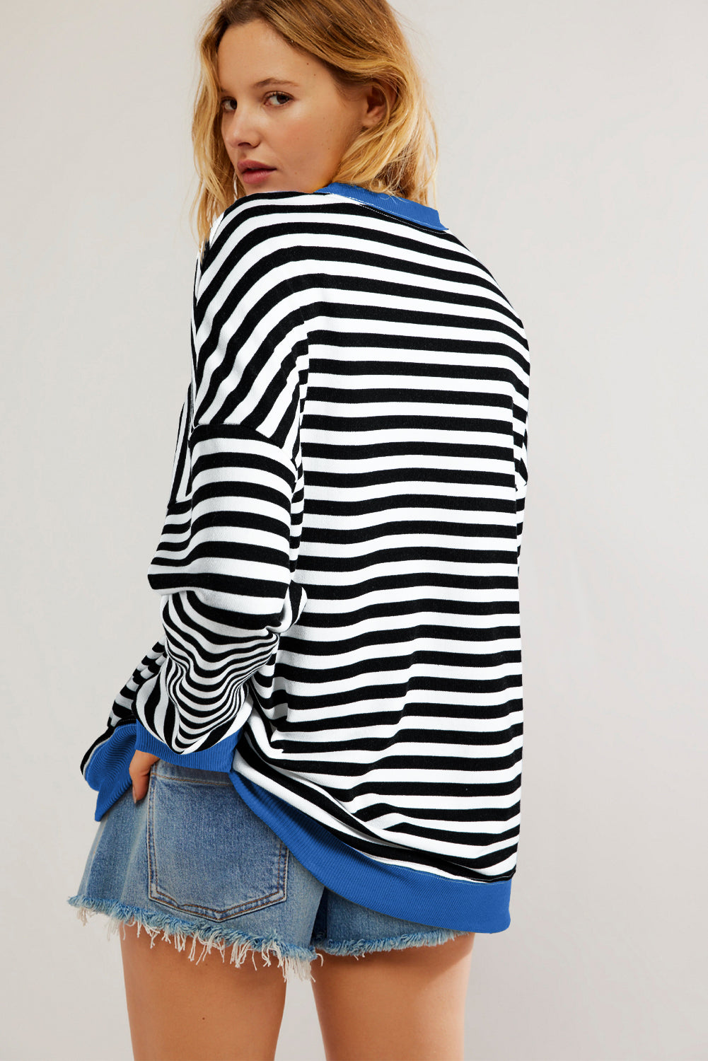White Striped Contrast Trim Drop Shoulder Sweatshirt 9ca6e85c443abcdc