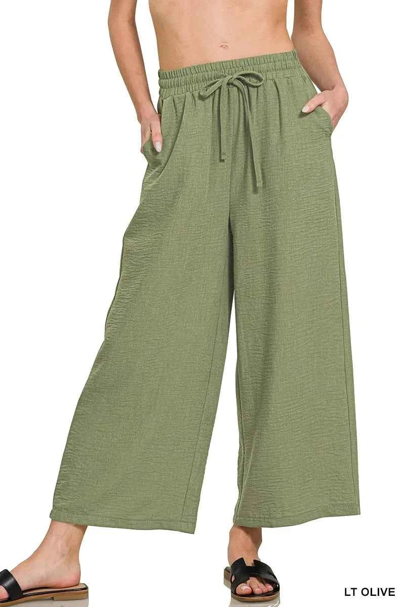 Zenana Woven Crepe Elastic Band Waist Cropped Pants LT OLIVE 9cb52ad91ddc460b9490ae505455764c-Max-Origin