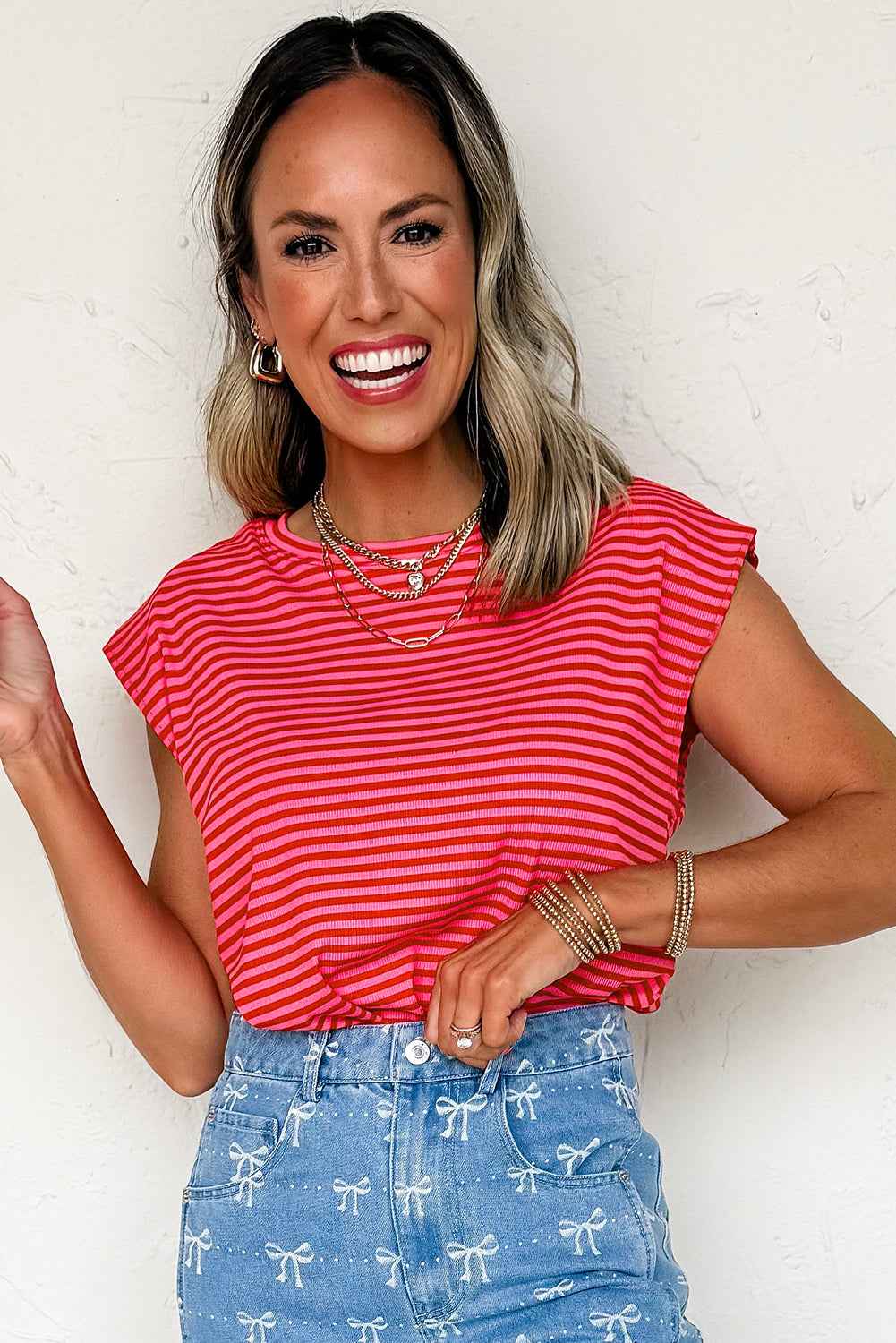 Sky Blue Stripe Ribbed Cap Sleeve Round Neck T Shirt 9cc06b35bffcc526