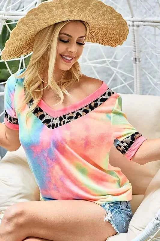BiBi Rainbow Tie-Dye Leopard Trim V-Neck T-Shirt 9cc60f071fdb4bd5a1f8d47b4db24412-Max-Origin