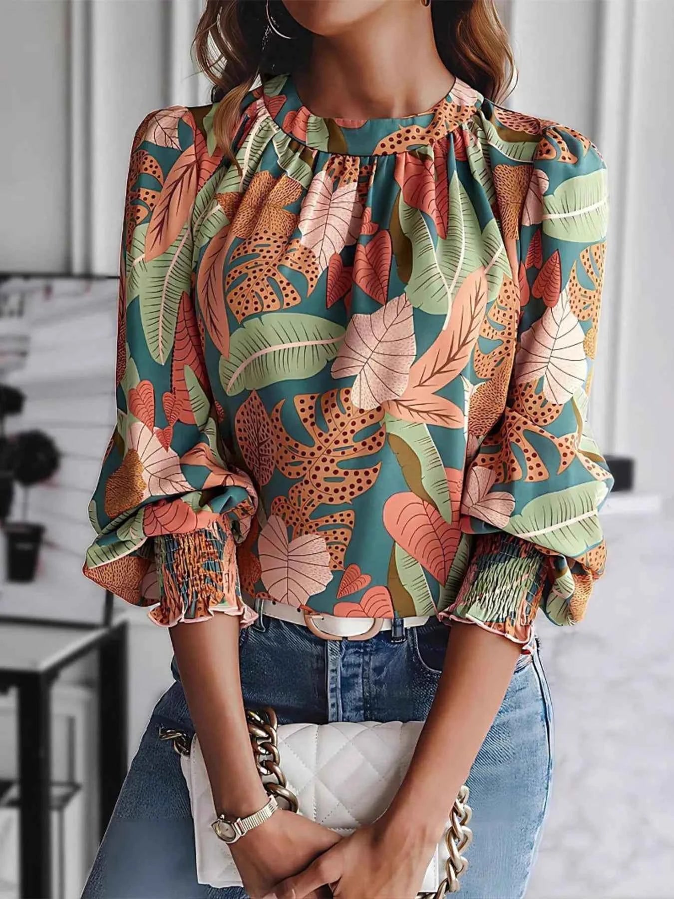 Tropical Print Long Sleeve Blouse 9cd84ed822b3426dadac786b4e718615-Max-Origin