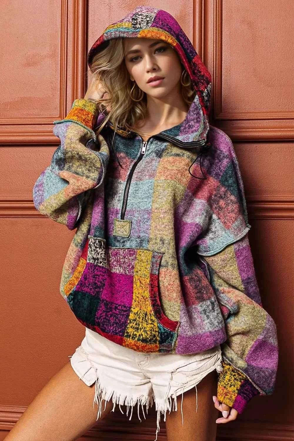 Double Take Full Size Half Zip Exposed Seam Fleece Hoodie Multicolored 9cdec346-8f02-4bee-b8c1-7a83e62b1b86-Max