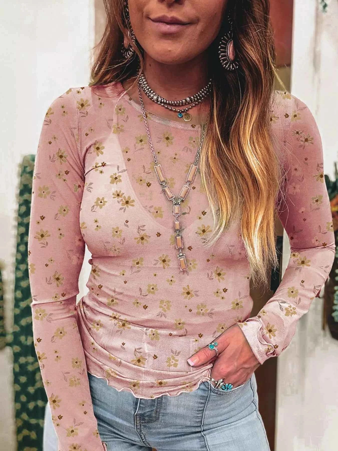 Floral Print Long Sleeve Mesh Blouse Dusty Pink 9cec497a-5098-4e26-8fb8-73ed39fb2198-Max-Origin