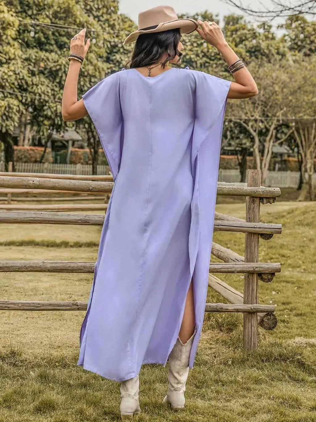 Side Slit Tie Neck Flutter Sleeve Dress 9cf889d5-3250-4d07-983c-6703f394f922-Max-Origin