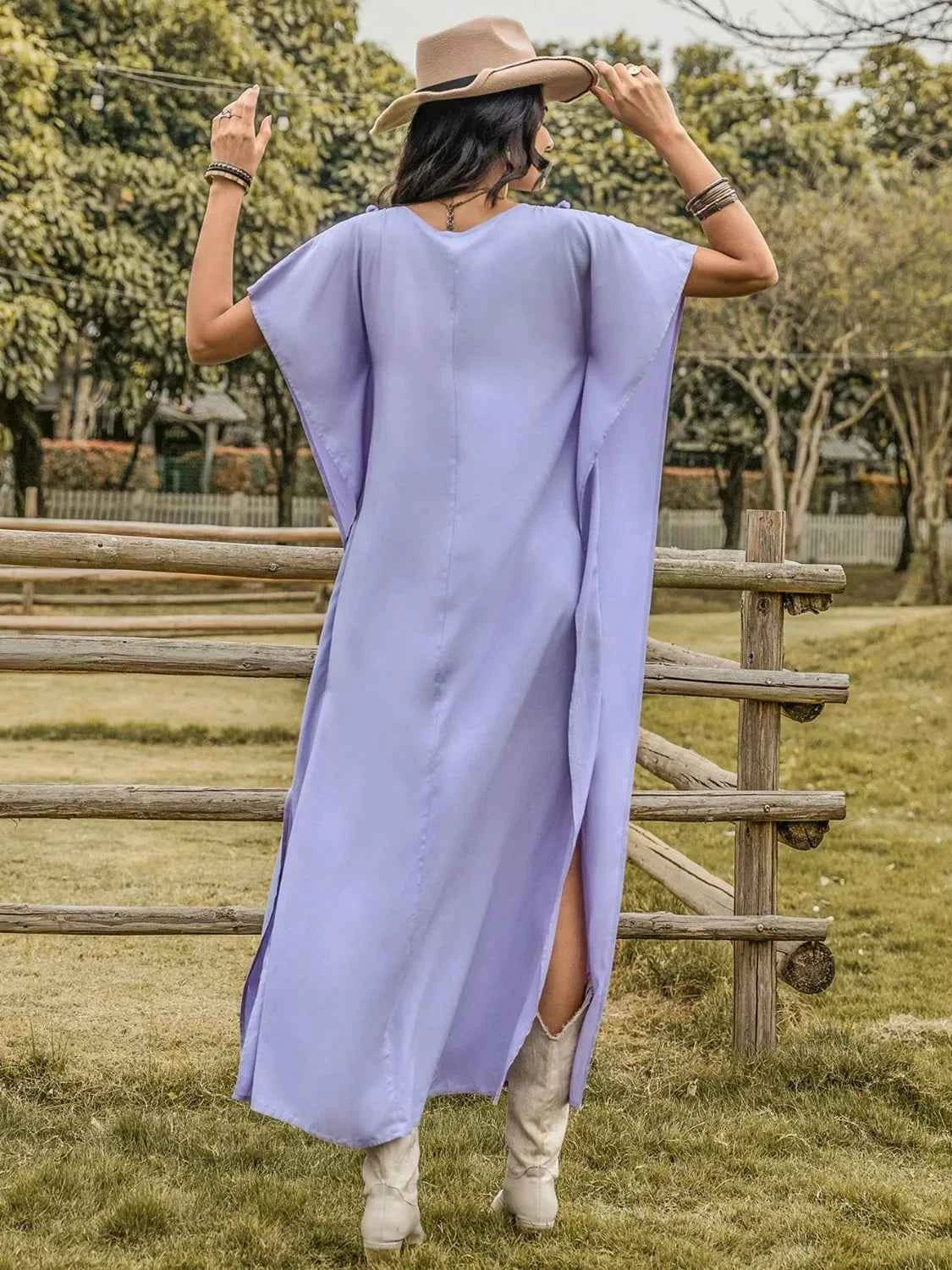 Side Slit Tie Neck Flutter Sleeve Dress 9cf889d5-3250-4d07-983c-6703f394f922-Max-Origin