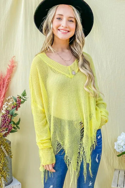 And The Why Distressed Mesh V Neck Spring Sweater Cover Up YELLOW 9cf8e220cfbf4793988b1cfcefca4242-Max-Origin