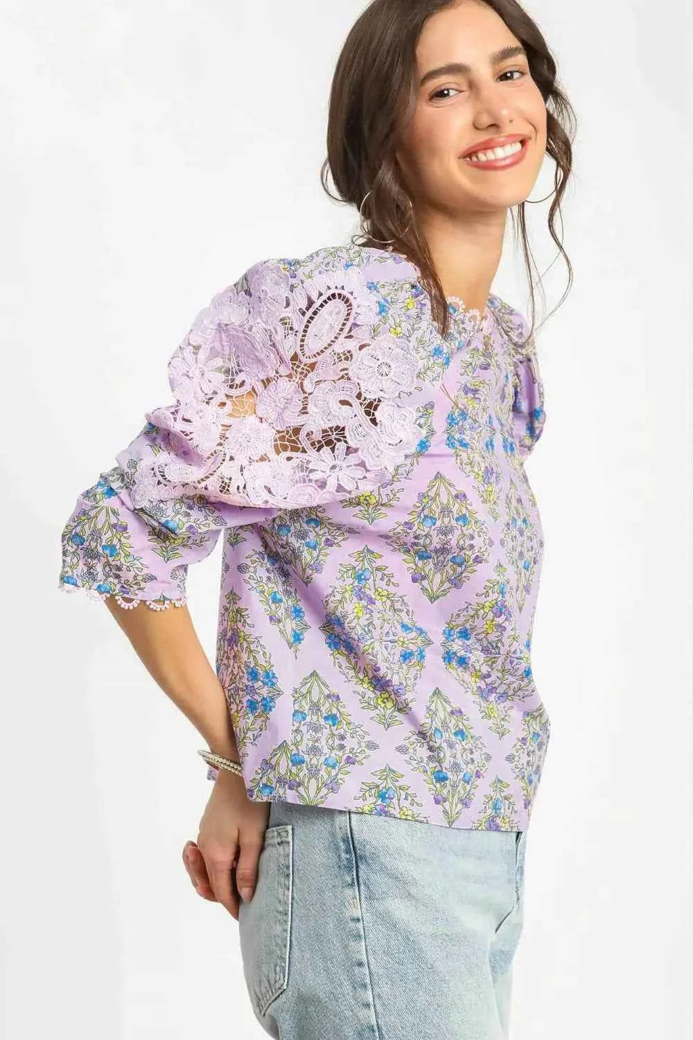 Umgee Printed Lace Puff Sleeve Blouse 9d0b1390-54f6-41ee-a11d-5cbfb0db34b0-Max-Origin