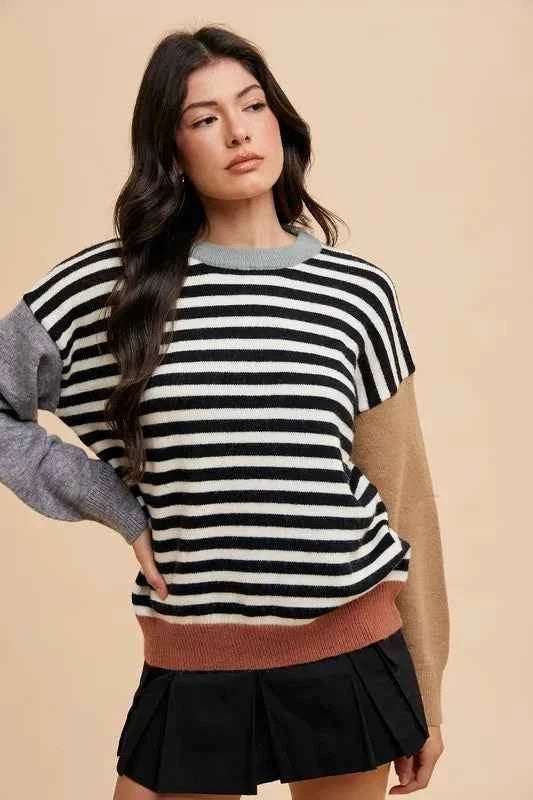 Annie Wear Striped Color Block Round Neck Sweater 9d13c67a-e1fa-4747-901c-89d3810a97d8-Max