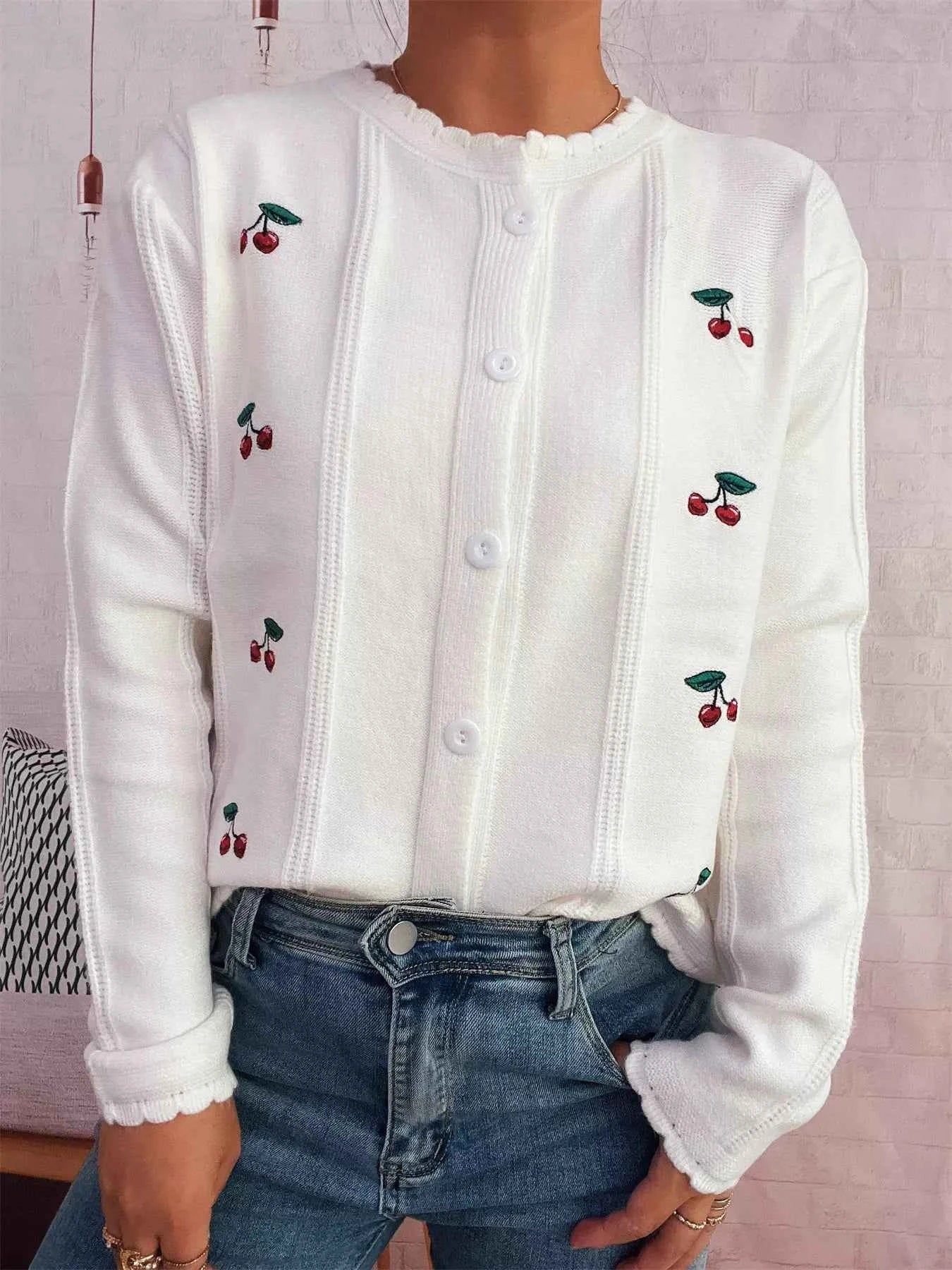 Cherry Embroidered Button Up Cardigan White One Size 9d181c4bc08043afb15dfc5b27795afc-Max-Origin