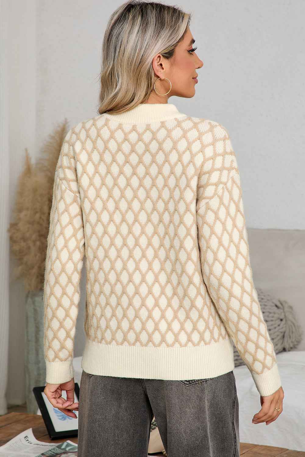 Oatmeal Rhombus Textured Knit Drop Sleeve Sweater 9d1956a0ddbbeb54