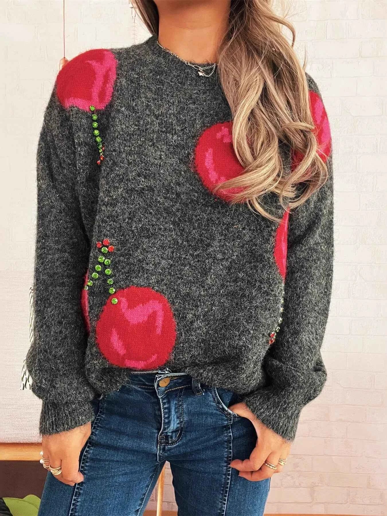 Contrast Cherry Round Neck Sweater Dark Gray One Size 9d2df7ec50214a22b58923c69d66859d-Max-Origin