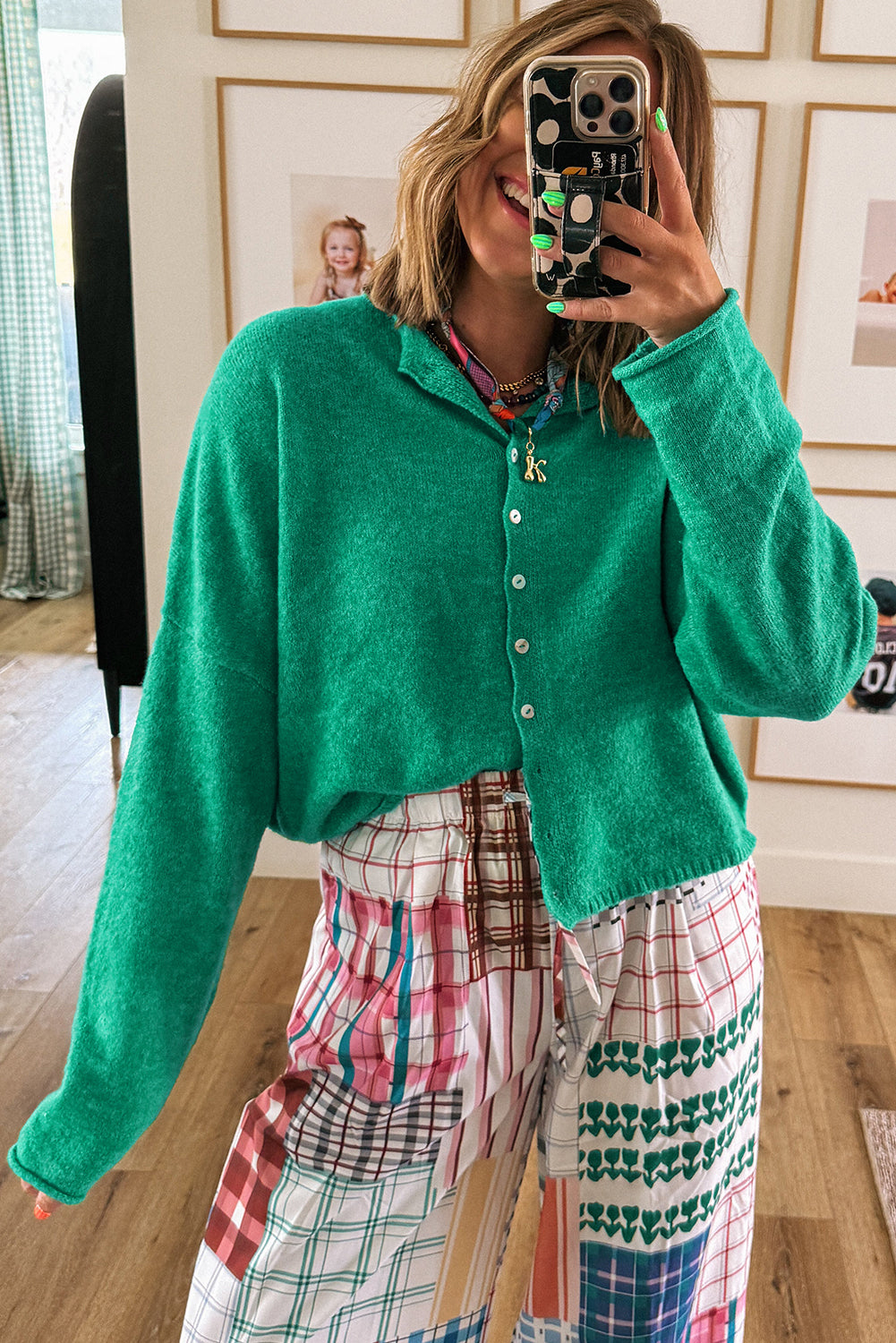 Bright Green Solid Color Button Drop Shoulder Knit Cardigan 9d473bb017f662f0