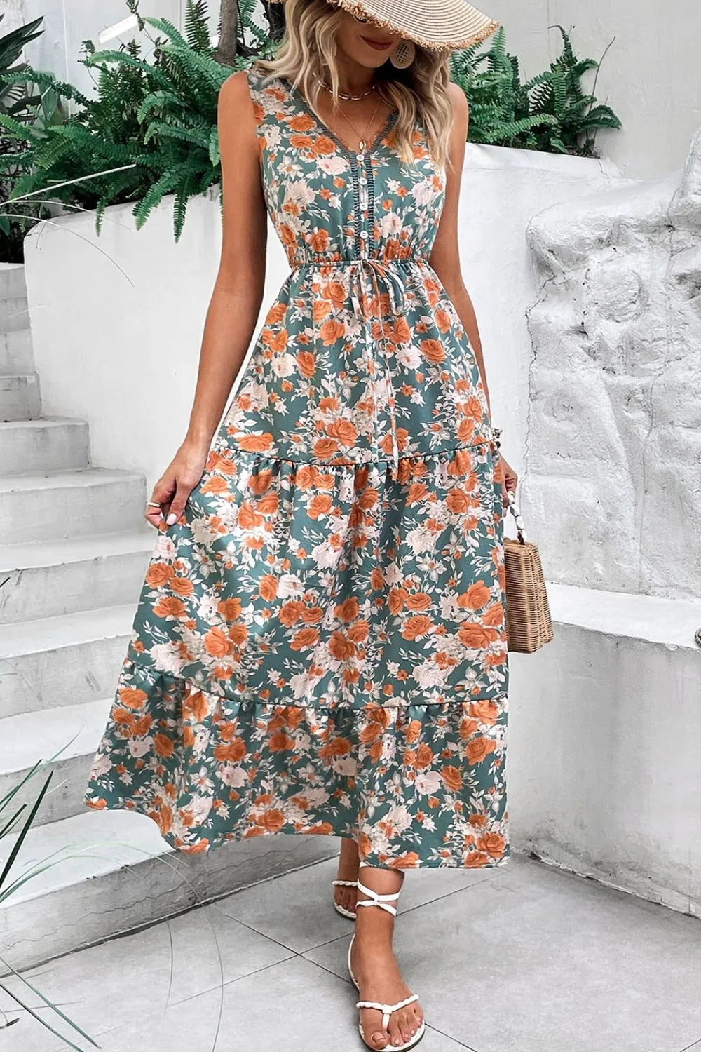 Floral Print Trimmed V Neck Tie Waist Sleeveless Dress Floral 9d52ed37-4d7d-4dfc-9c66-749e4a7c2d96-Max-Origin