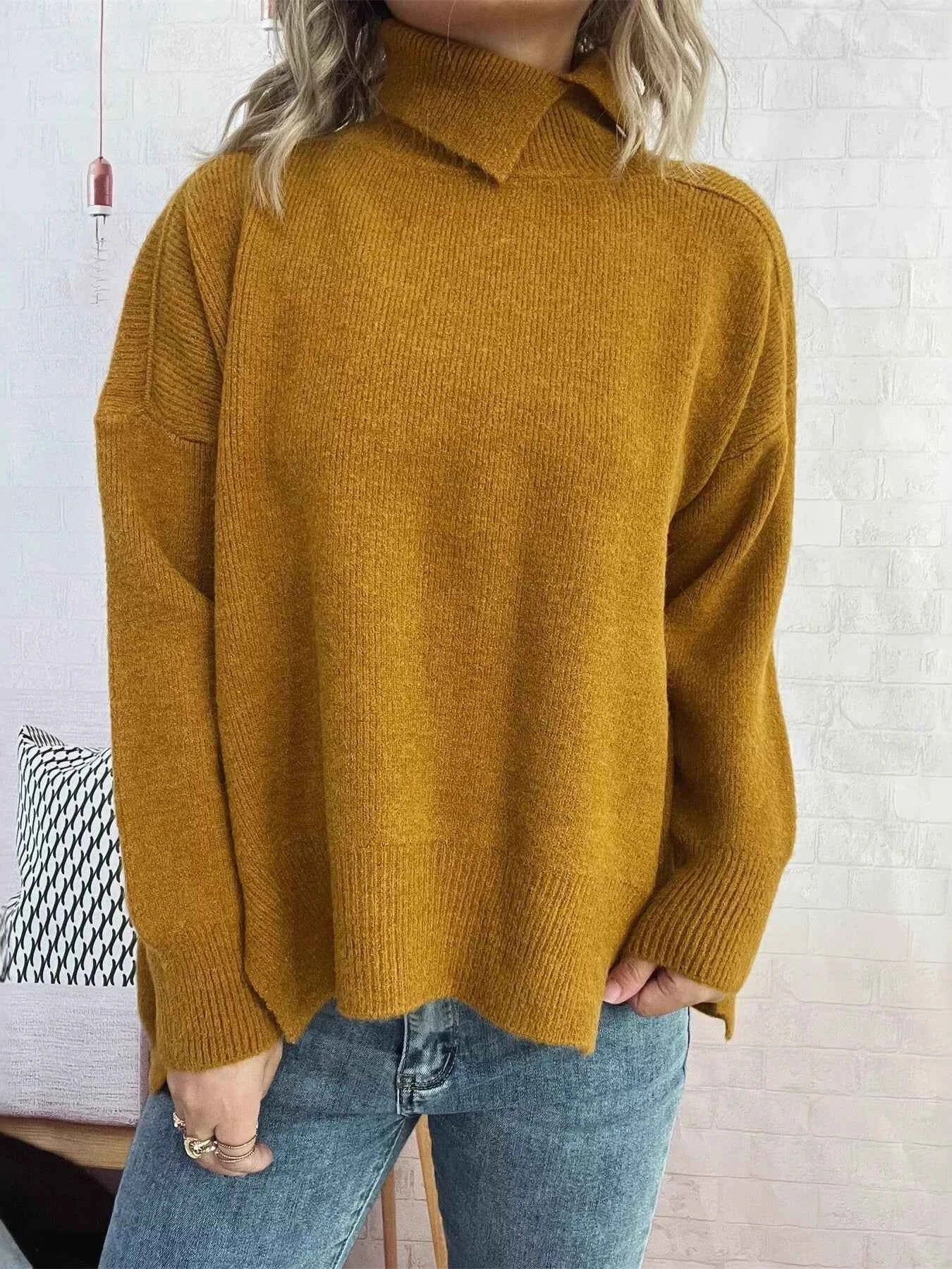 Slit Turtleneck Long Sleeve Sweater Yellow One Size 9d559b00a4aa444e8c1ac36d72f32789-Max-Origin