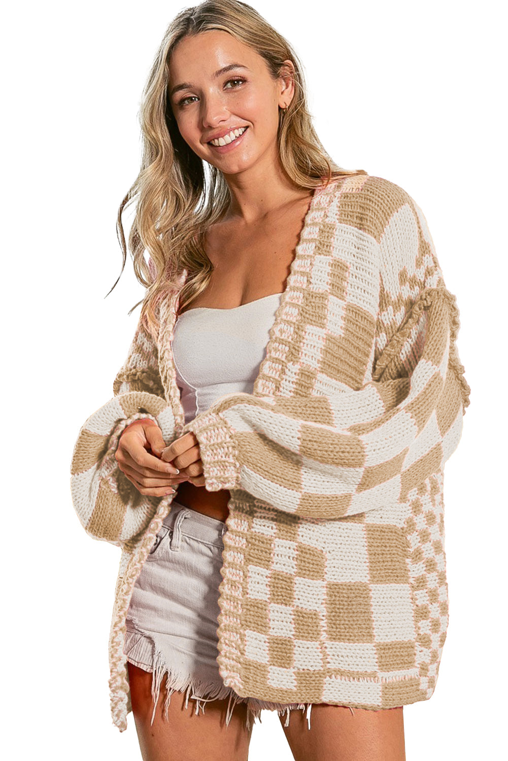 Smoke Gray Colorblock Checked Open Front Knitted Cardigan Smoke Gray 100%Acrylic 9d6c68f64829da36