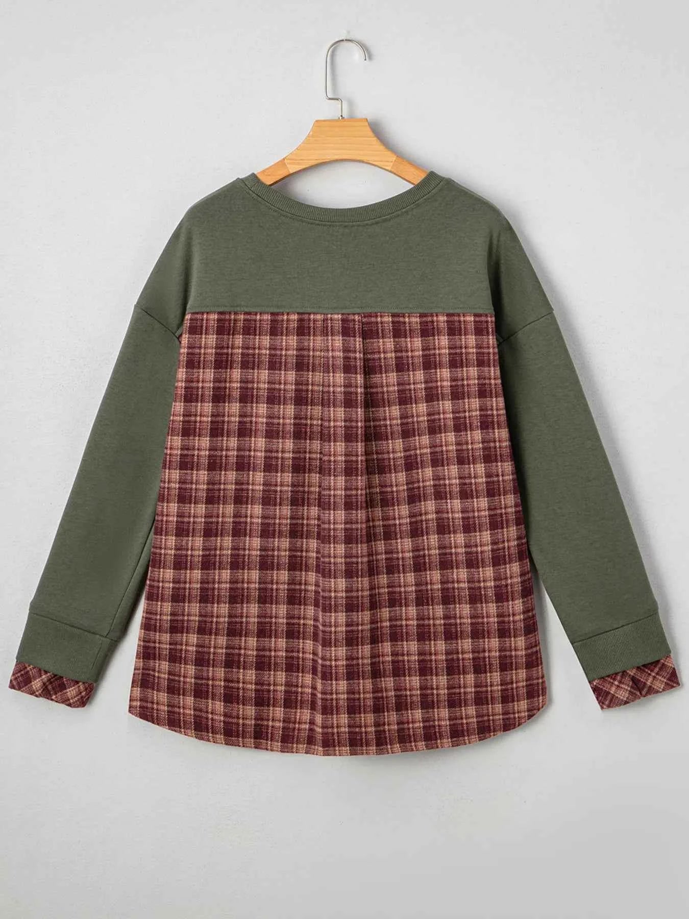 Plaid Patchwork Drop Shoulder Sweatshirt 9d85d9c21e444a25a68b1fd4951d34bd-Max-Origin