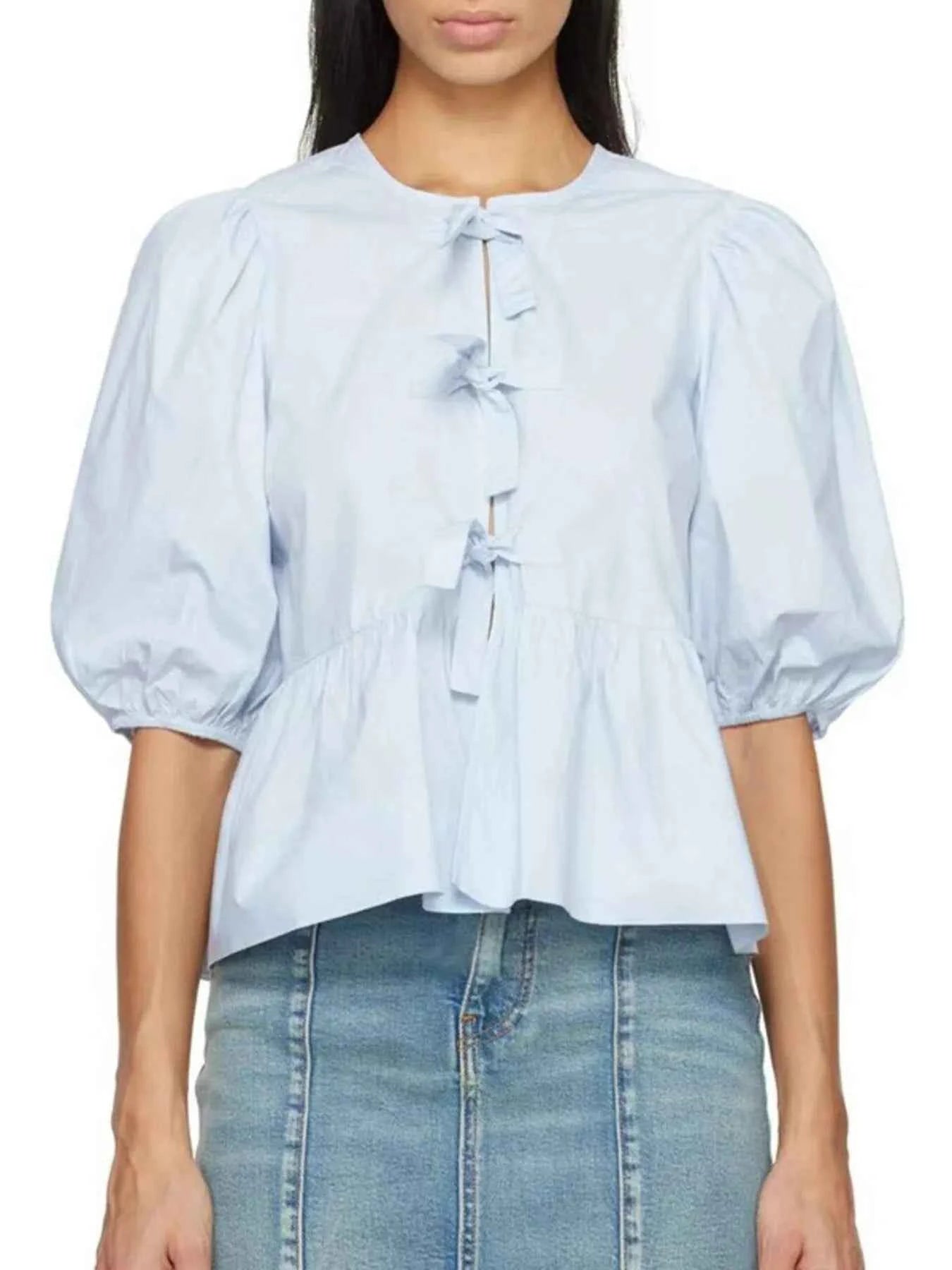 Puff Sleeve Bow Tie Blouse Blue 9d966c9c7a254a6ba3712f9c92e0de4e-Max-Origin