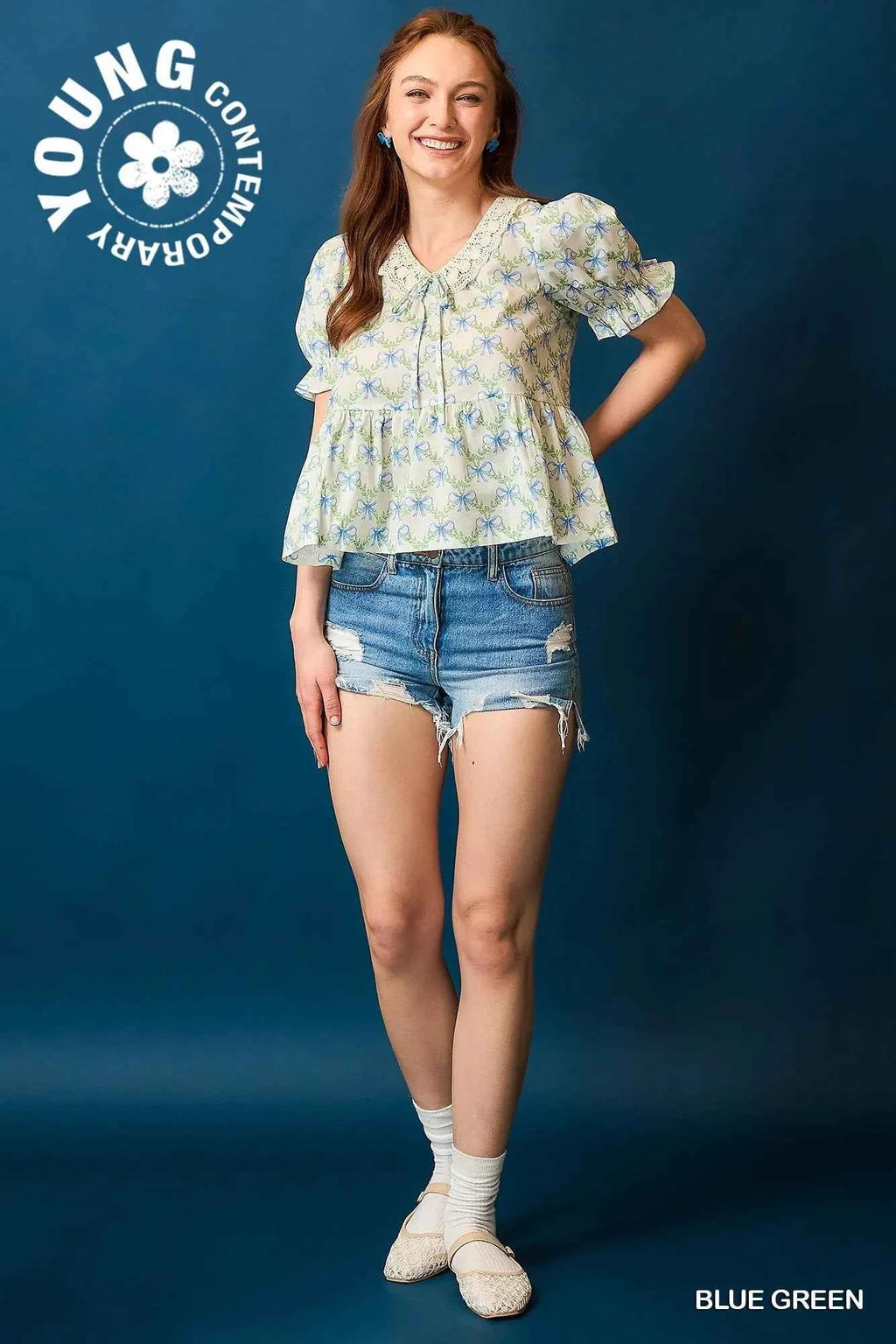 Umgee Lace Detail Bow Print Flounce Sleeve Blouse 9da27b07-b86a-4375-9236-8b550895acfc-Max-Origin