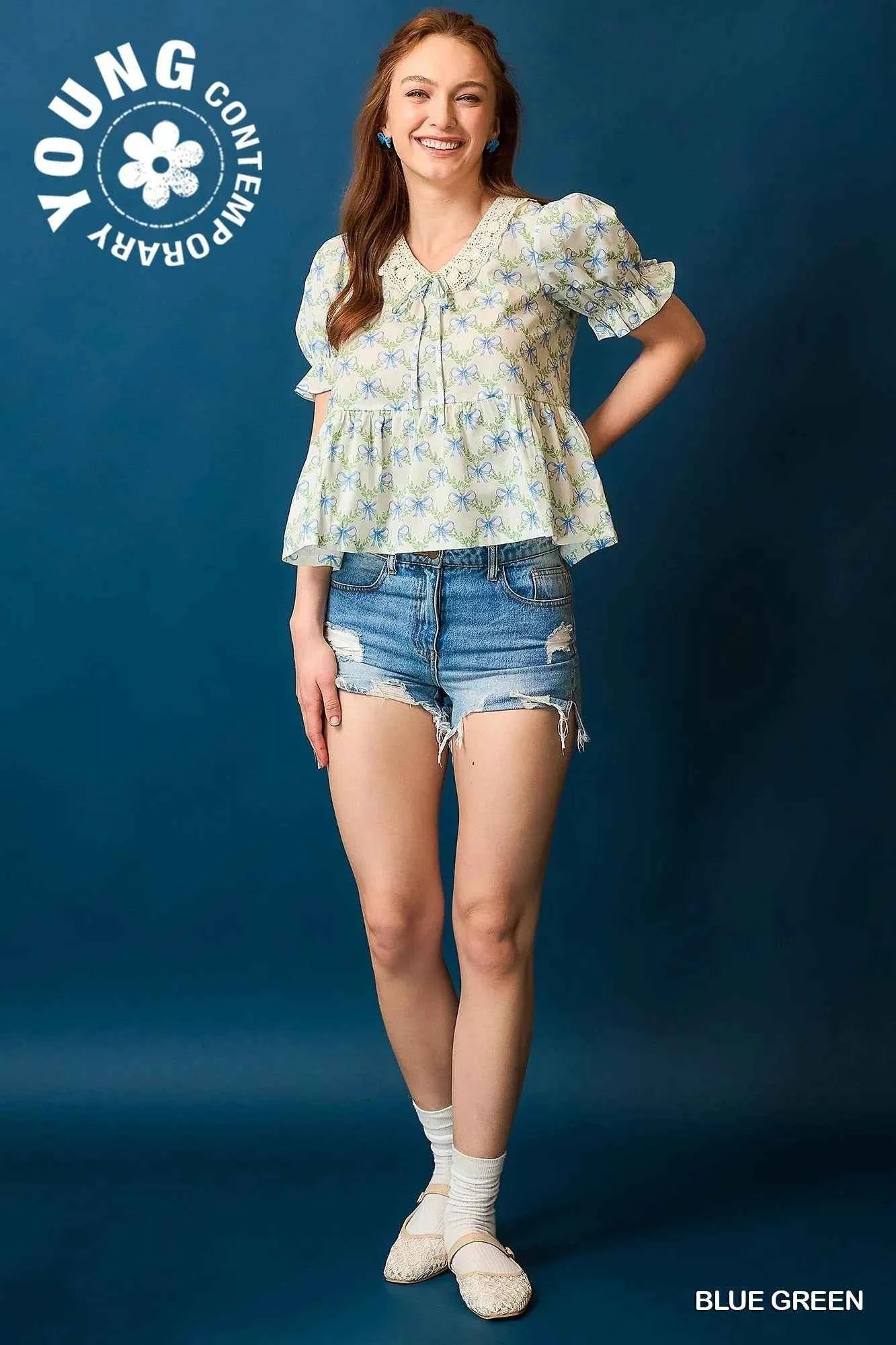 Umgee Lace Detail Bow Print Flounce Sleeve Blouse 9da27b07-b86a-4375-9236-8b550895acfc-Max-Origin