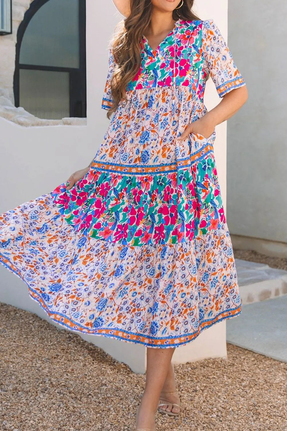 Mixed Floral Print Tie Neck Short Sleeve Dress 9daa4237-59f3-40d9-97cf-b361a455bb06-Max