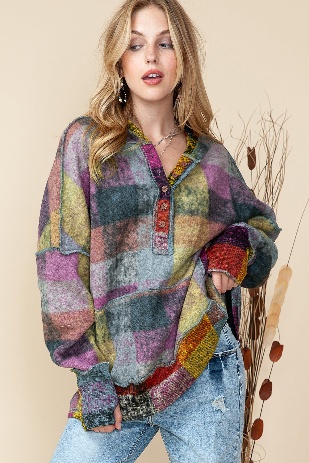 Multicolor Brushed Check Kangaroo Pocket Thumbholes Henley Hoodie 9dad3379a834ac41