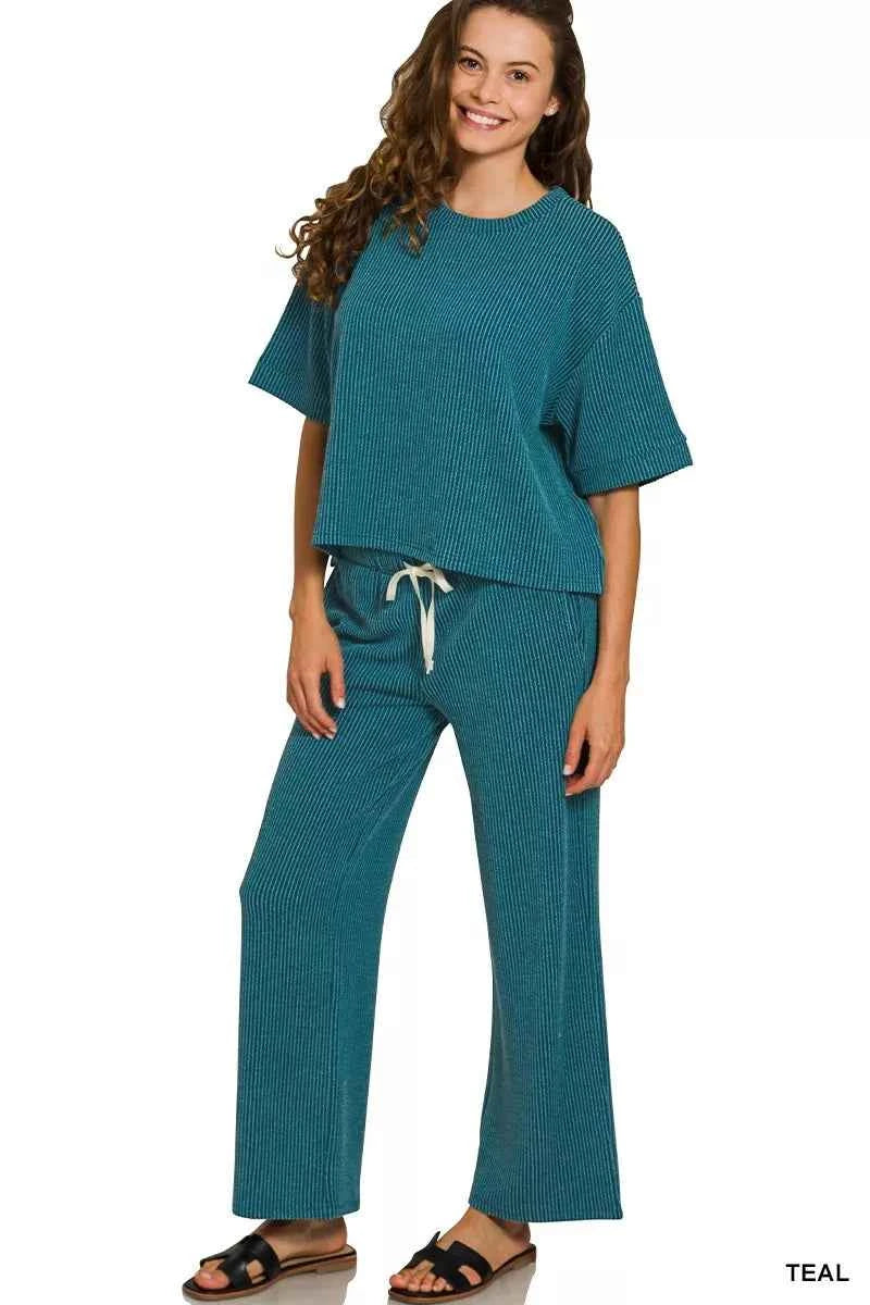 Zenana Raised Rib Short Sleeve Tee & Pants Set TEAL 9dbbac5d10d644c3bbd31d77e360741d-Max-Origin