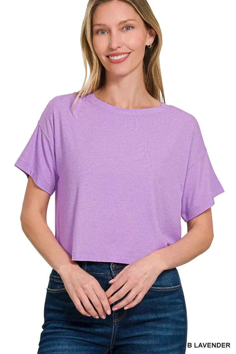 Zenana Ribbed Round-Neck Crop T-Shirt B LAVENDER 9dc4036743844d30b8d83527c60e87fc-Max-Origin