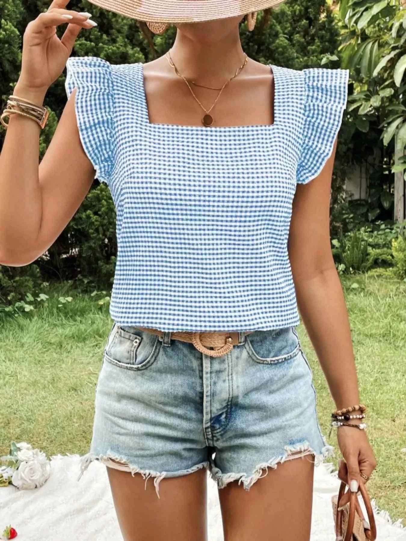 Gingham Ruffle Sleeve Square Neck Blouse Light Blue 9dcc19b3-9a27-434a-8ef4-139a123ace04-Max-Origin