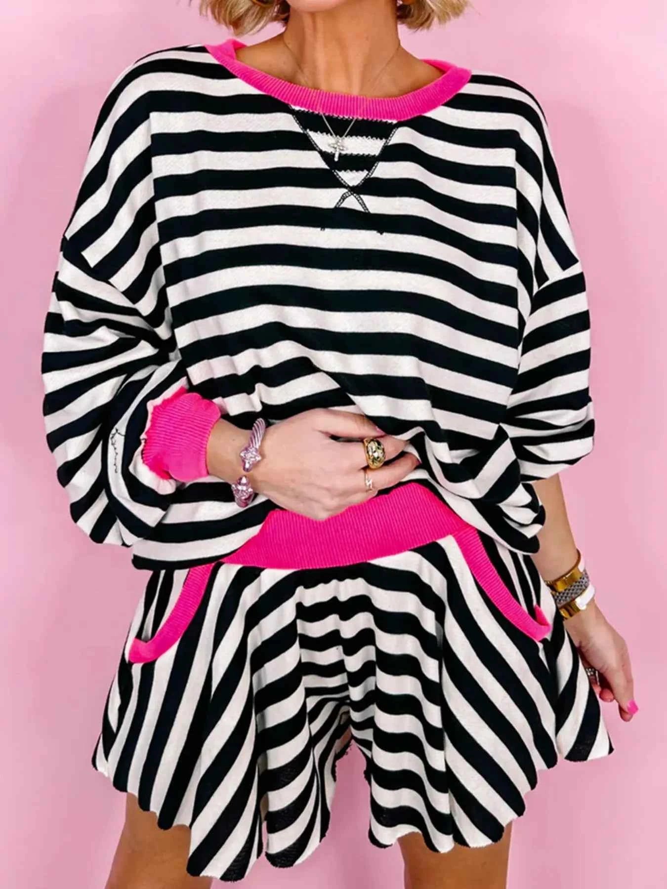 Stripe Contrast Ribbed Banding Long Sleeve Blouse and Loose Shorts Set Black Stripe 9defcebb-4e6f-4e21-848b-dc39e0572cd5-Max-Origin
