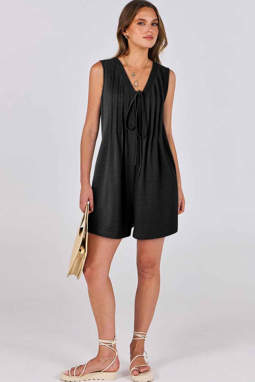 Black Tie V Neck Pleated Sleeveless Loose Romper 9dff9d286fa50b1c