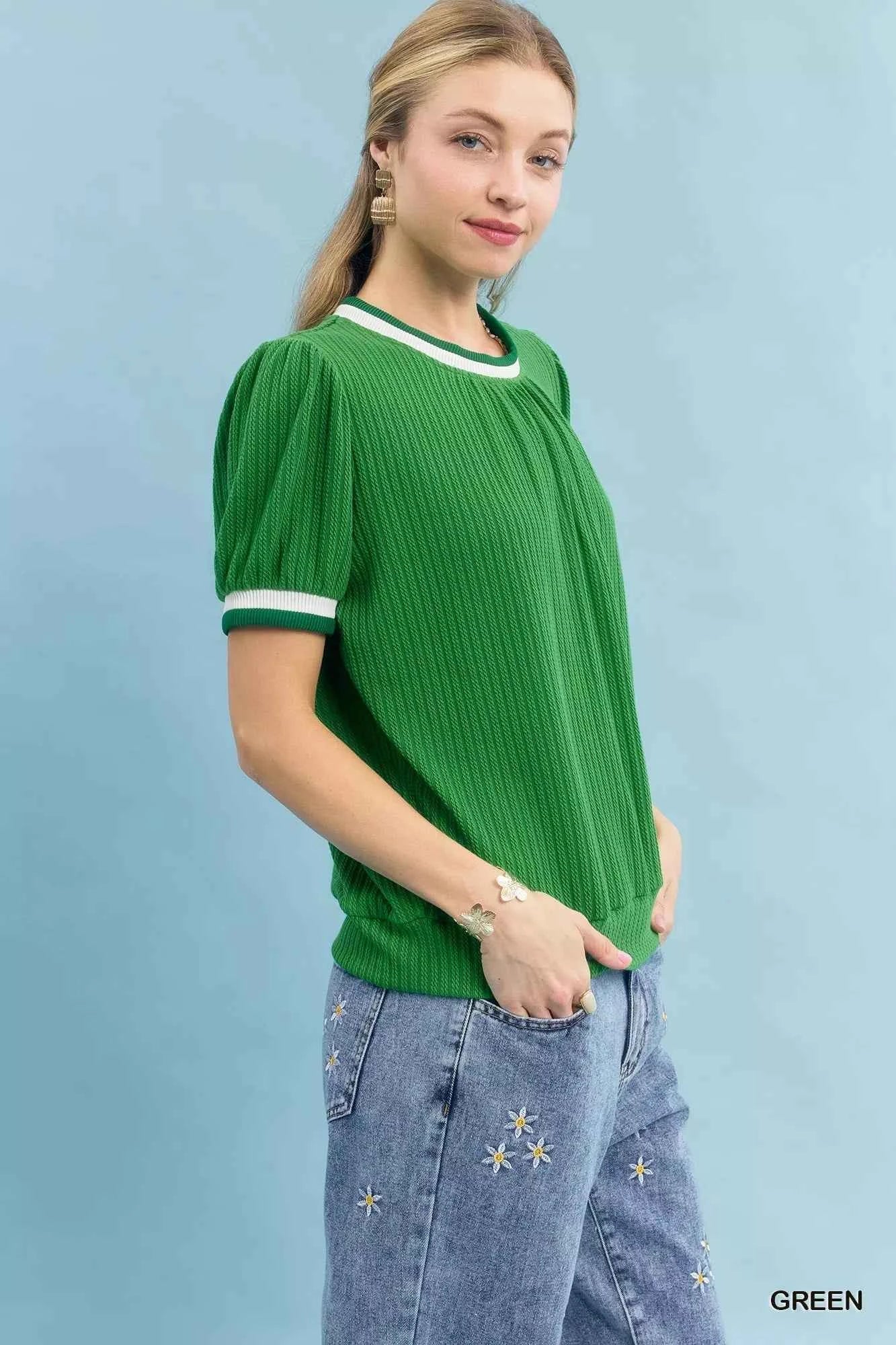 Umgee Puff Sleeve Knit Top with Contrast Rib Trim 9e29b718-13c4-41c3-8cc8-9e2ac24b30b4-Max-Origin