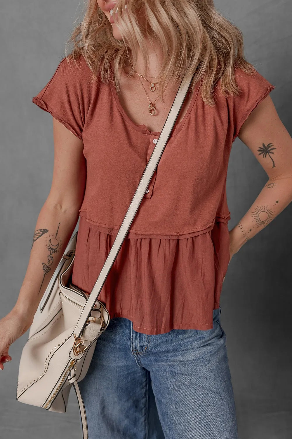 Short Sleeve U Neck Buttons Splicing Ruffle Blouse 9e2e2c6d-f201-4bf0-907c-5c434135f131-Max-Origin