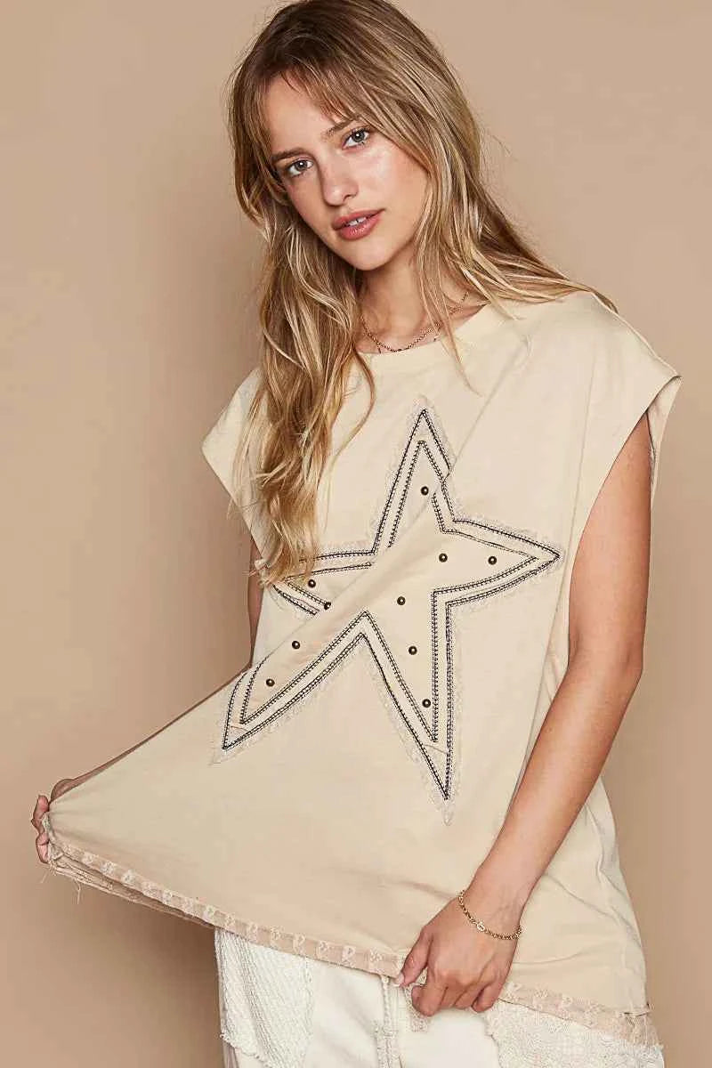 POL Star Patch Studded Sleeveless T-Shirt with Lace Hem Tan 9e392a27-3ccb-4ebb-a911-99c71fbfe8cb-Max-Origin