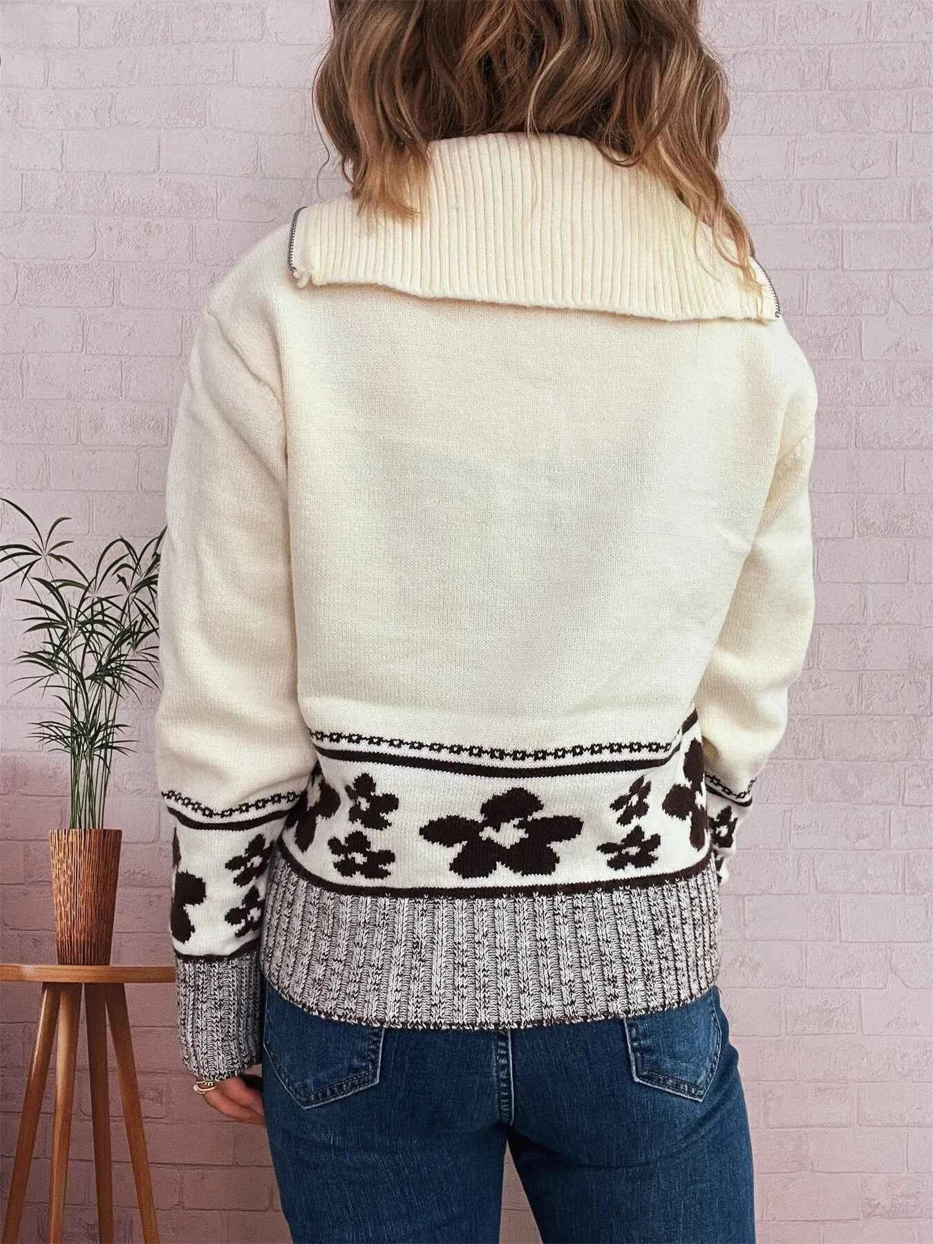 Flower Zip Collar Long Sleeve Sweater 9e462591926d4ced9bdc741014e69ab8-Max-Origin