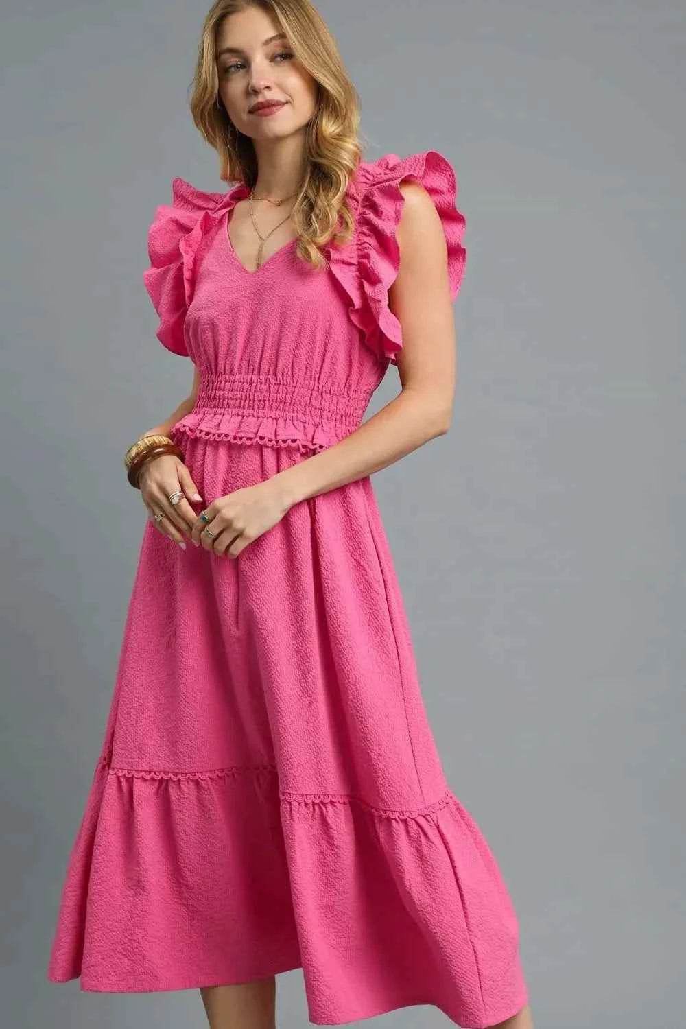 Umgee V-Neck Ruffled Cap Sleeve Midi Dress Hot Pink 9e4e3697-815d-4dbb-93e9-9d55e27f954a-Max-Origin