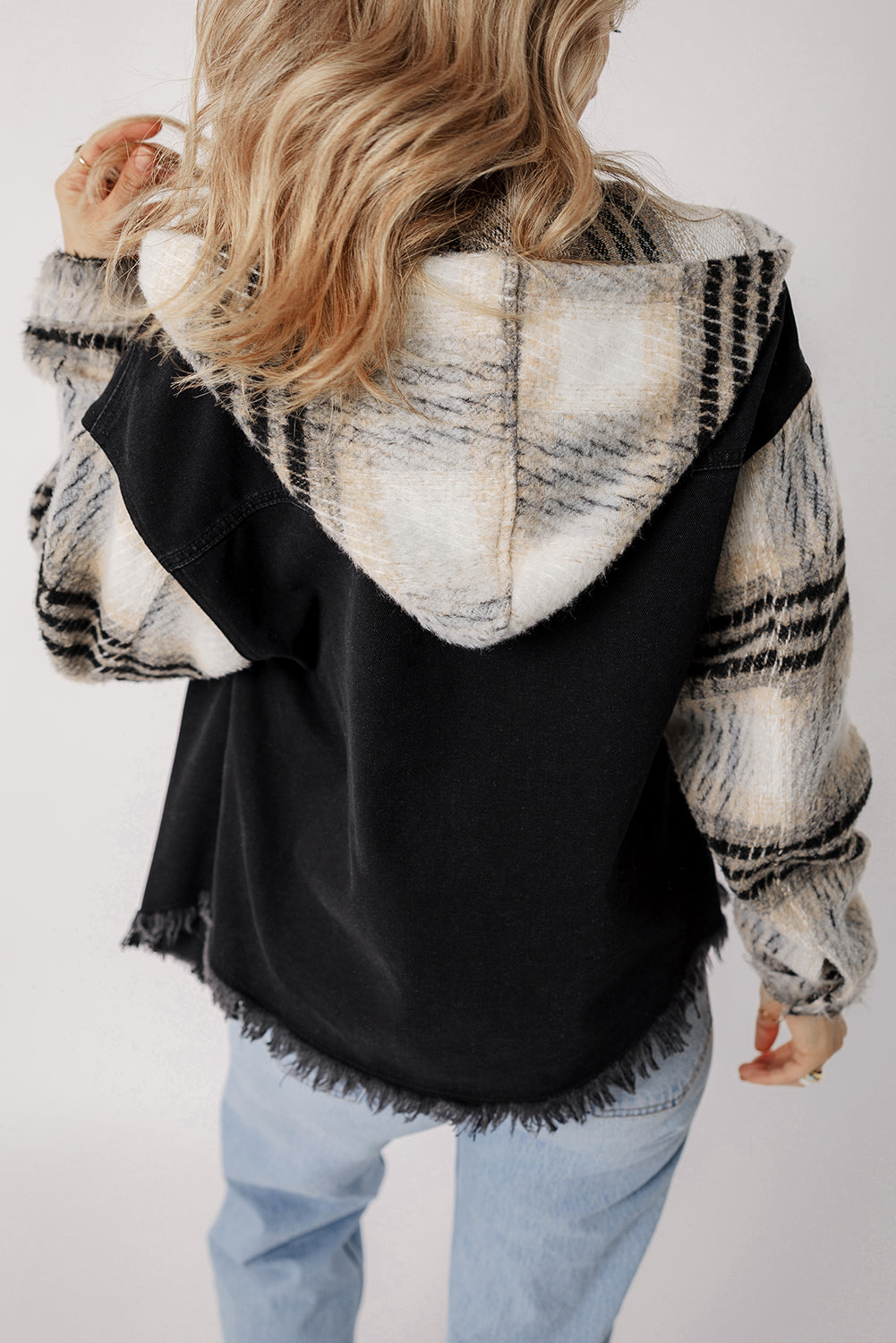 Black Patchwork Plaid Sleeve Frayed Hem Hooded Denim Jacket 9e5d05a4cc3b4baf