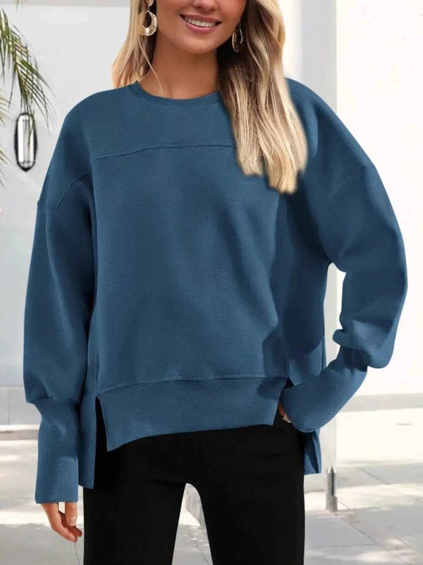 Slit Round Neck Dropped Shoulder Sweatshirt 9e5e132d87f3480c99322f87f60c7d6a-Max-Origin