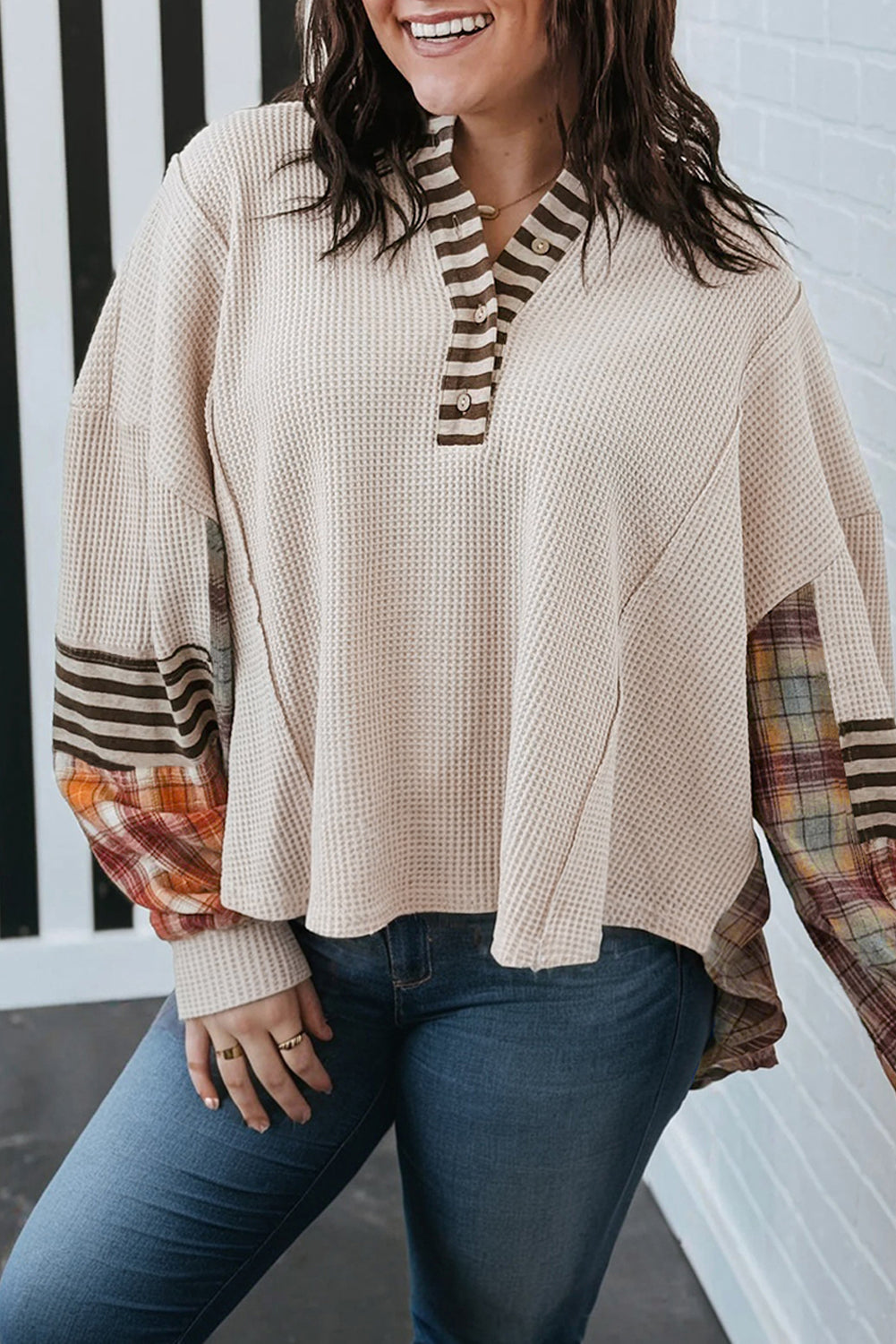 Parchment Plus Size Waffle Striped Plaid Patchwork Henley Pullover Parchment 75%Polyester+25%Cotton 9e7b07598bc11010