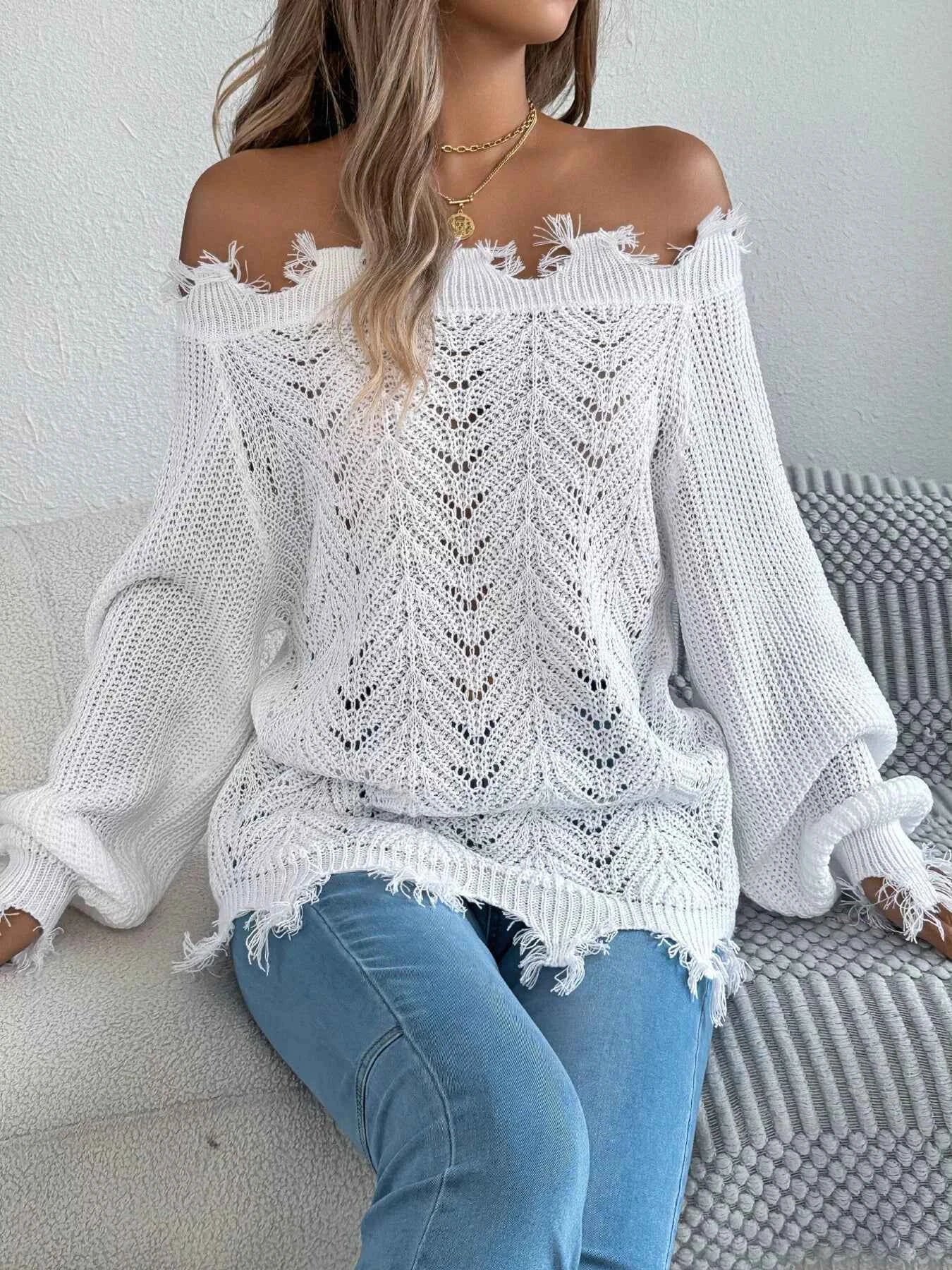 Distressed Hem Openwork Off-Shoulder Sweater White 9e804079ecad49c5989c233b1c7aaa37-Max-Origin