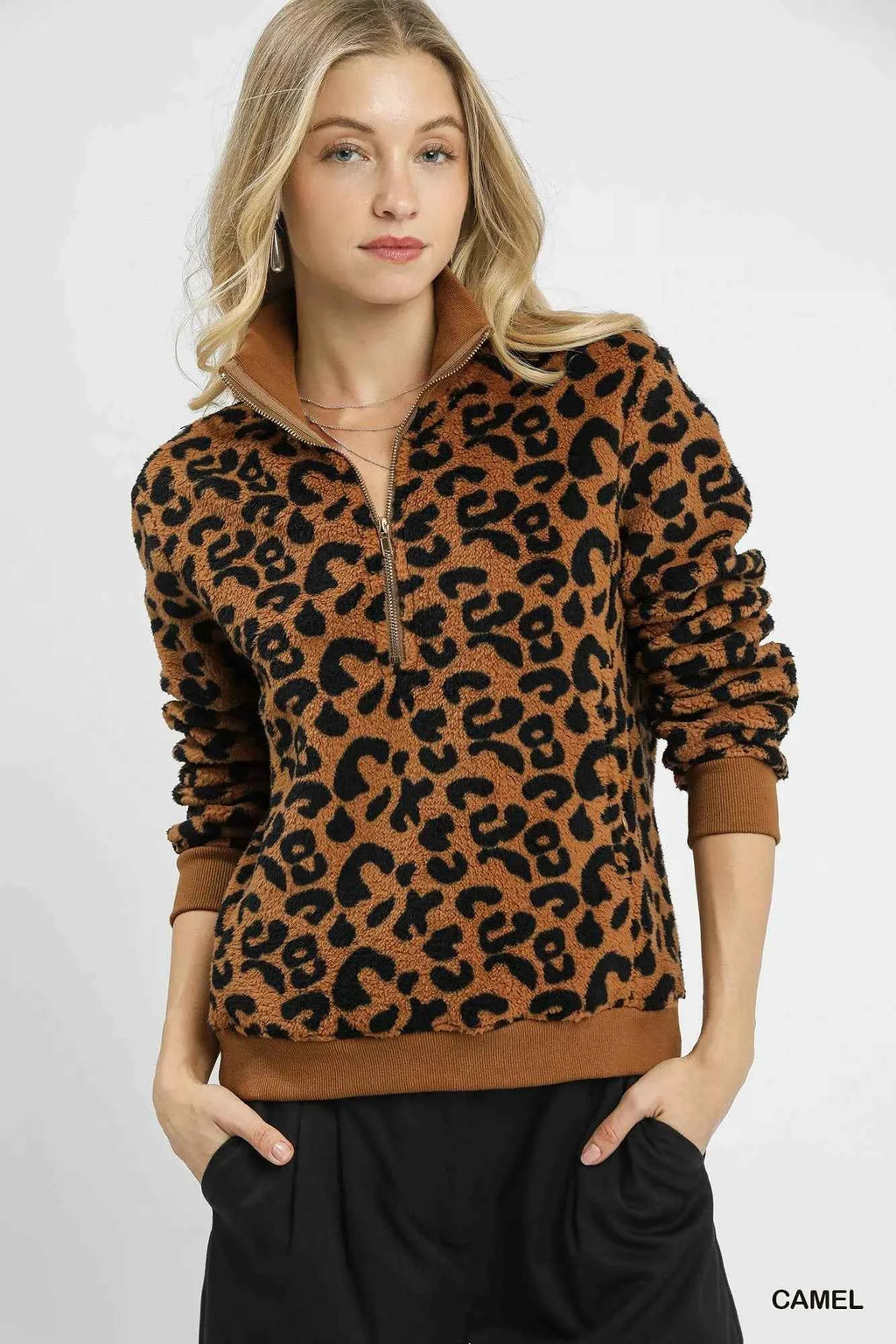 Umgee Leopard Print Quarter-Zip Sweatshirt Camel 9e824a81-3f10-4bdf-bce7-acf8e6258efd-Max-Origin