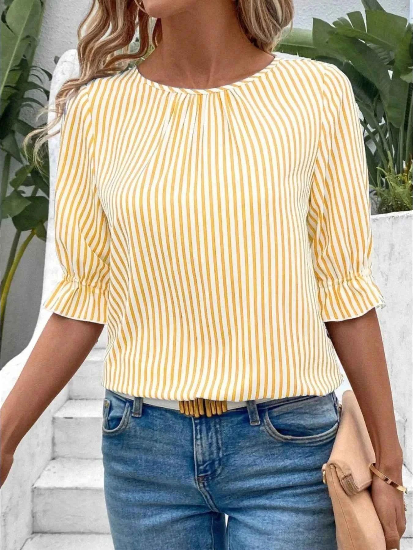 Striped Round Neck Half Sleeve Casual Blouse Yellow 9e8317b5-e363-401a-a862-f0c493162461-Max-Origin