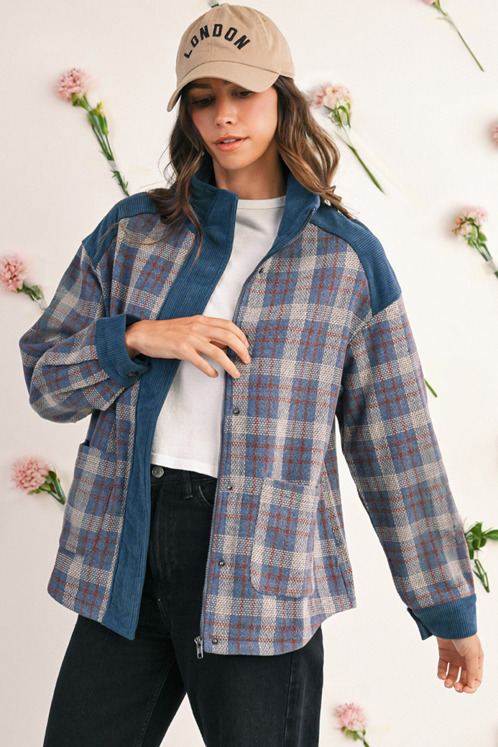 Gray Plaid Corduroy Patchwork Collared Zip Up Snap Button Jacket 9e885b66f4483cbc