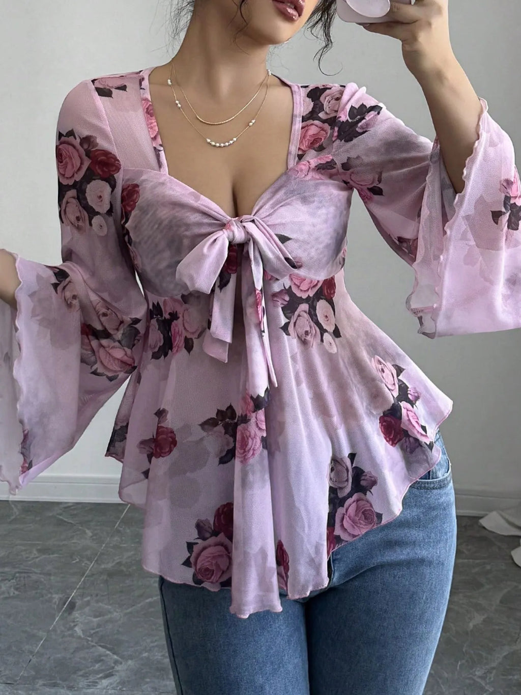 Floral Tie Front Flare Sleeve Blouse Lilac 9e8c55ff-5296-4c14-91b8-cfdd77306105-Max-Origin