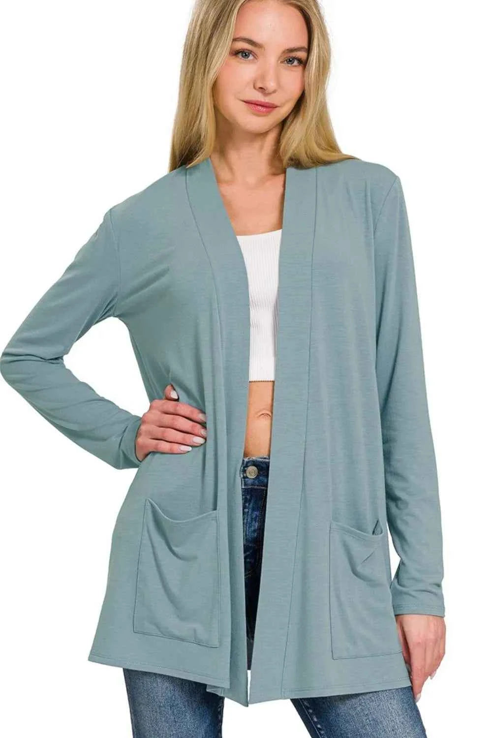 Zenana Slouchy Lightweight Open Front Pocket Cardigan BLUE GREY 9eb4a79b-1c6b-4424-a03a-5da919f4c417-Max-Origin