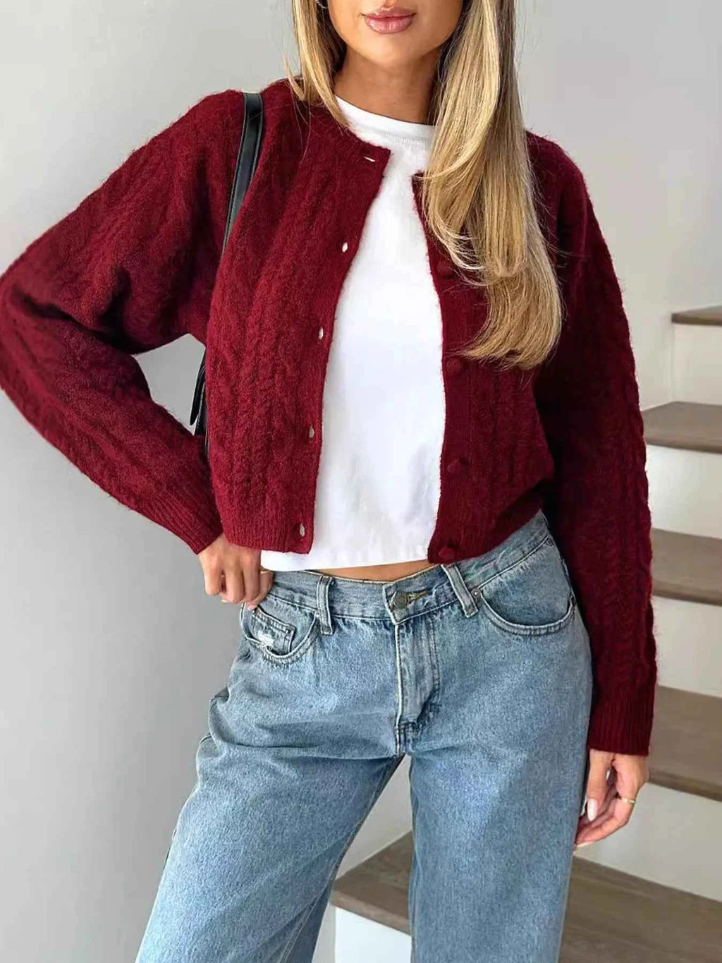 Cable Knit Button-Up Cardigan Red 9eb965faa03e468cb4819377172a34ce-Max-Origin
