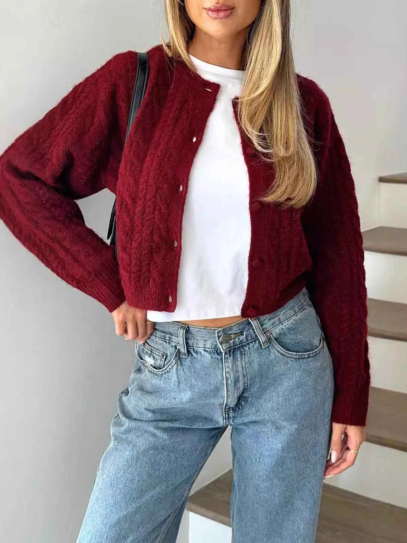 Cable Knit Button-Up Cardigan Red 9eb965faa03e468cb4819377172a34ce-Max-Origin