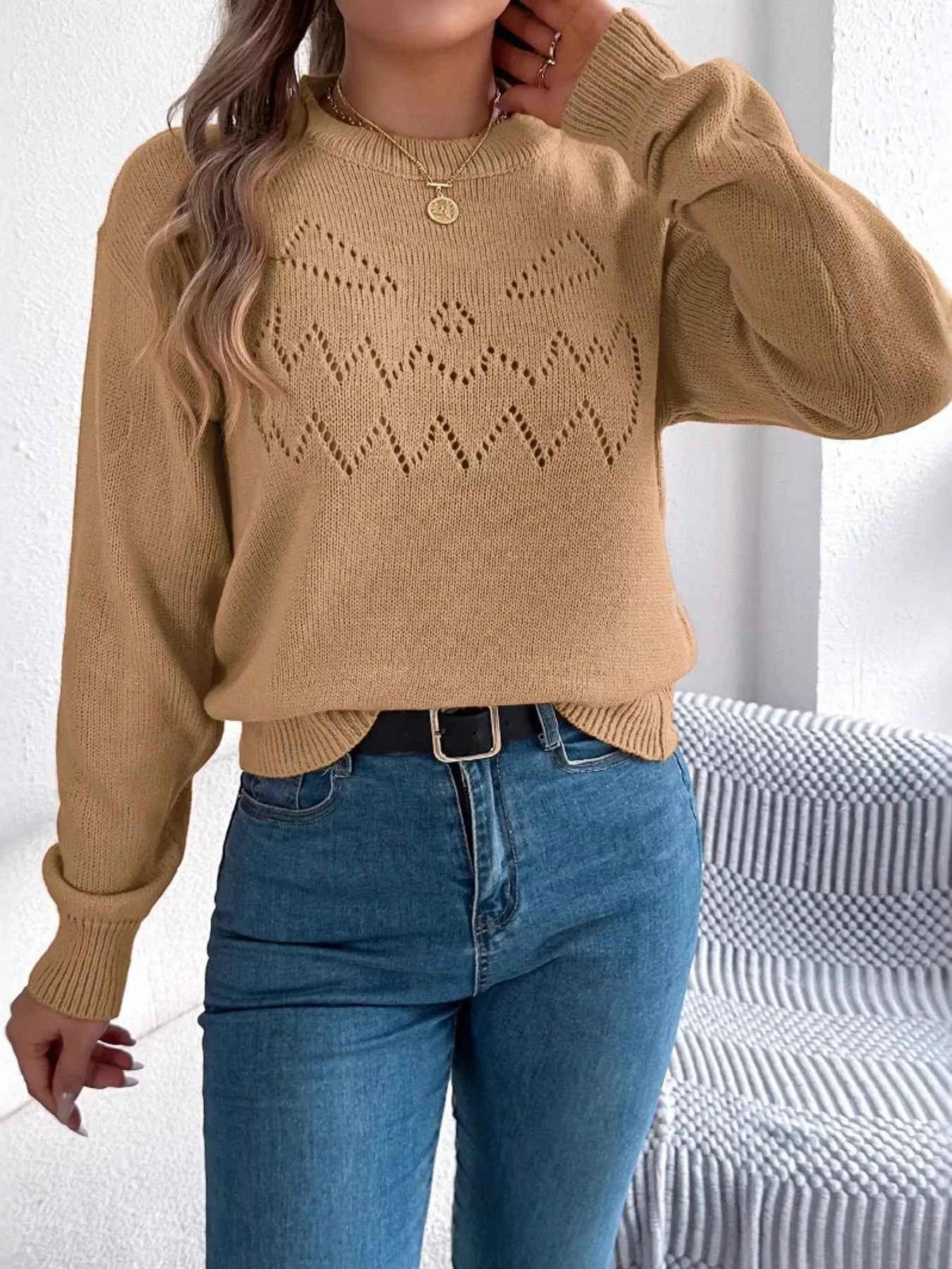 Openwork Round Neck Long Sleeve Sweater 9ec5133a473e45e099aef05871ba4073-Max-Origin